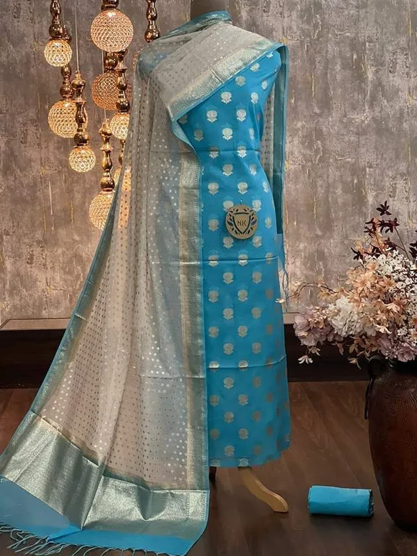 Blue_Mercerised_Lorex_Weave_Booti_With_Off-White_Dupatta_Banarasi_3_Pcs_Suit_Set_Skl_Pml1