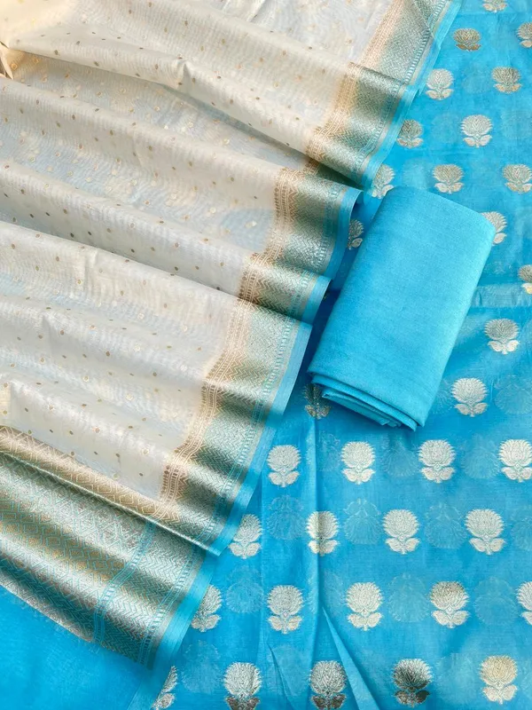 Blue_Mercerised_Lorex_Weave_Booti_With_Off-White_Dupatta_Banarasi_3_Pcs_Suit_Set_Skl_Pml1