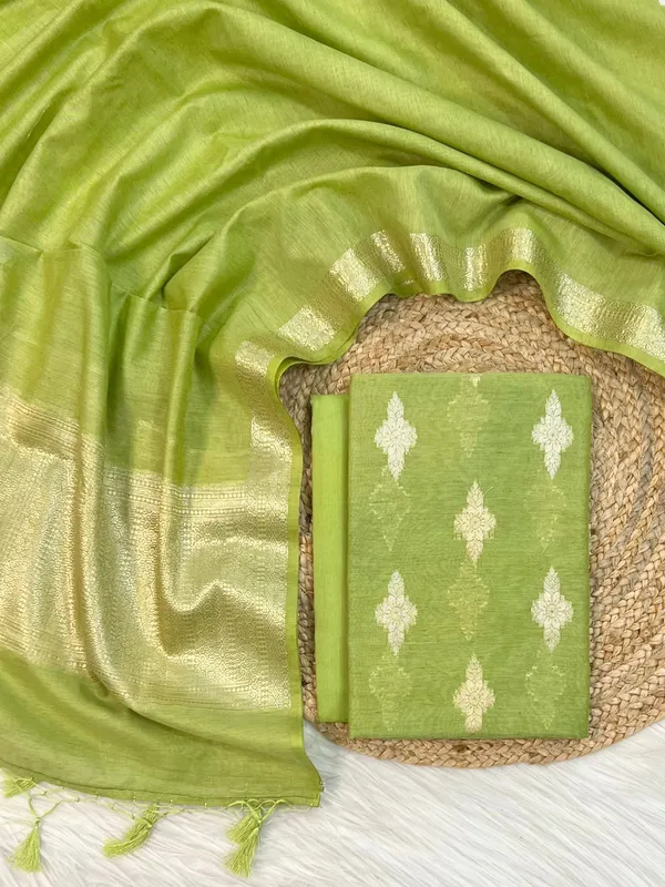 Green_Linen_Dupion_Booti_With_Contrast_Dye_Dupatta_Banarasi_3_Pcs_Suit_Set_Skl_Ln22