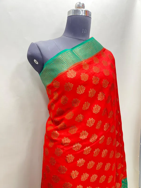 Humairah_Pure_Handloom_Red_Munga_Silk_Floral_Copper_Zari_Booti_with_Contrast_Blue_Jaal_Skirt_Dual_Shade_Green_Floral_Zari_Border_and_Blue_Blouse