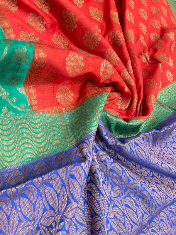 Humairah_Pure_Handloom_Red_Munga_Silk_Floral_Copper_Zari_Booti_with_Contrast_Blue_Jaal_Skirt_Dual_Shade_Green_Floral_Zari_Border_and_Blue_Blouse