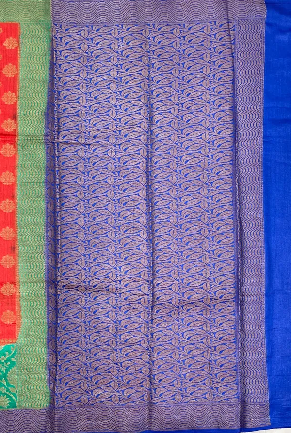Humairah_Pure_Handloom_Red_Munga_Silk_Floral_Copper_Zari_Booti_with_Contrast_Blue_Jaal_Skirt_Dual_Shade_Green_Floral_Zari_Border_and_Blue_Blouse