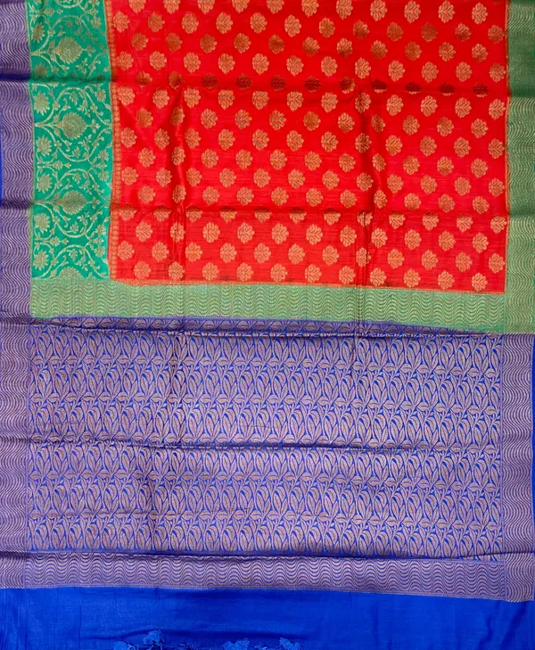 Humairah_Pure_Handloom_Red_Munga_Silk_Floral_Copper_Zari_Booti_with_Contrast_Blue_Jaal_Skirt_Dual_Shade_Green_Floral_Zari_Border_and_Blue_Blouse