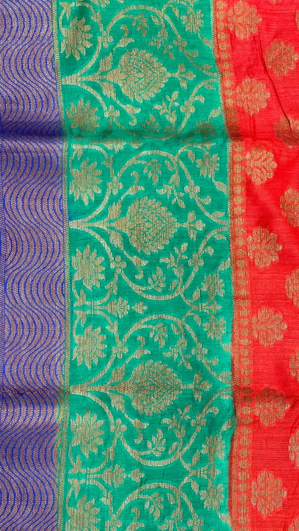 Humairah_Pure_Handloom_Red_Munga_Silk_Floral_Copper_Zari_Booti_with_Contrast_Blue_Jaal_Skirt_Dual_Shade_Green_Floral_Zari_Border_and_Blue_Blouse