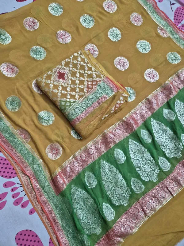 Mustard_Gold_Pure_Handloom_Khaddi_Georgette_Handbrush_Banarasi_Suit_with_Polka_Dot_Dupatta_78SKL_KG5