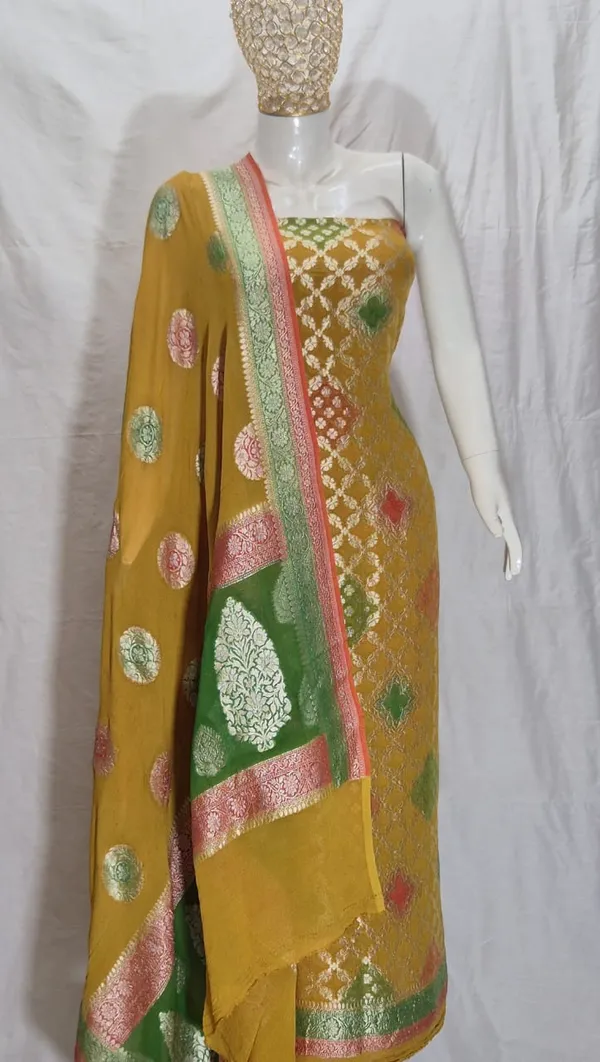 Mustard_Gold_Pure_Handloom_Khaddi_Georgette_Handbrush_Banarasi_Suit_with_Polka_Dot_Dupatta_78SKL_KG5