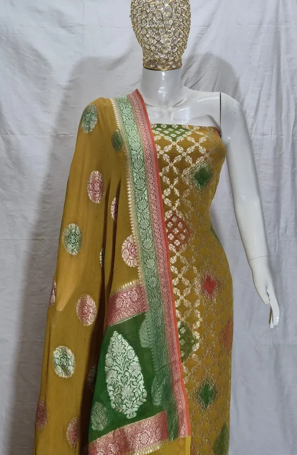 Mustard_Gold_Pure_Handloom_Khaddi_Georgette_Handbrush_Banarasi_Suit_with_Polka_Dot_Dupatta_78SKL_KG5