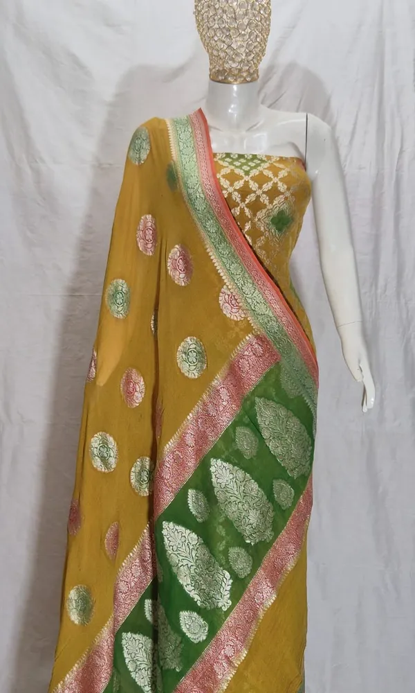 Mustard_Gold_Pure_Handloom_Khaddi_Georgette_Handbrush_Banarasi_Suit_with_Polka_Dot_Dupatta_78SKL_KG5