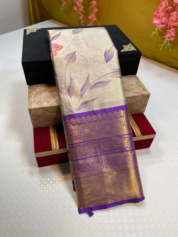Moosee_Tissue_Silk_Floral_Handpainted_Jaal_Boota_Contrast_Purple_Border_Banarasi_Saree_MS_MTS6