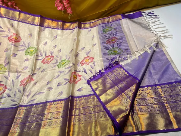 Moosee_Tissue_Silk_Floral_Handpainted_Jaal_Boota_Contrast_Purple_Border_Banarasi_Saree_MS_MTS6