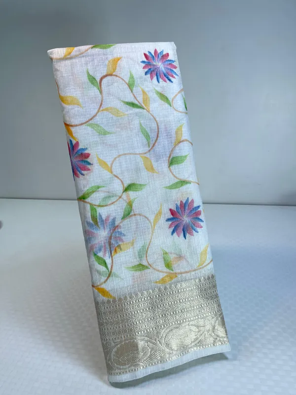 White_Kota_Silk_Handpainted_Floral_Jaal_Banarasi_Saree_with_Stripe_Blouse__MS_KT1