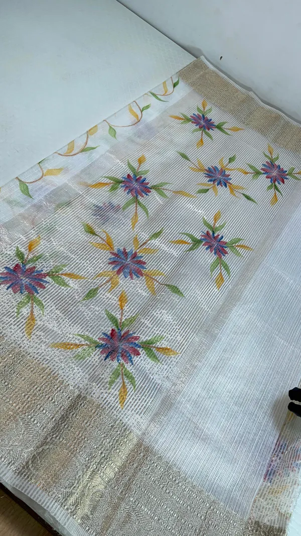 White_Kota_Silk_Handpainted_Floral_Jaal_Banarasi_Saree_with_Stripe_Blouse__MS_KT1