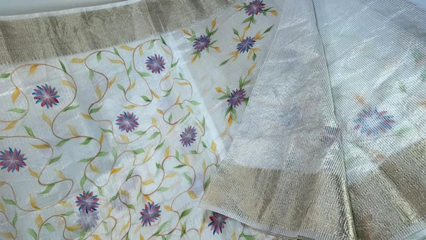 White_Kota_Silk_Handpainted_Floral_Jaal_Banarasi_Saree_with_Stripe_Blouse__MS_KT1