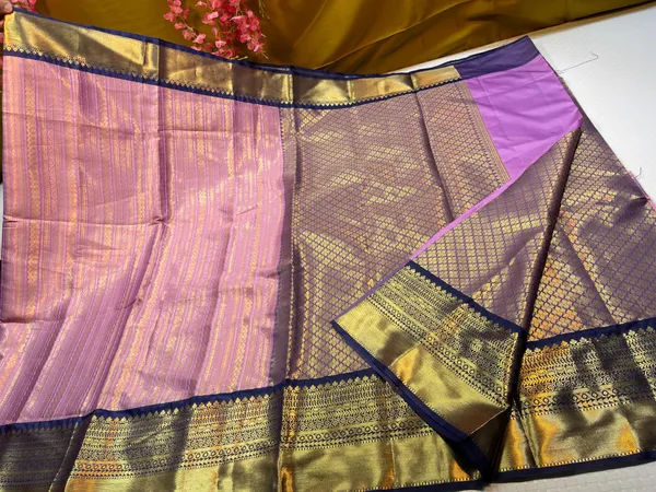 Light_Purple_Semi_Kanchi_Silk_Stripe_Zari_Contrast_Navy_Blue_Border_Banarasi_Saree_MS_SK54