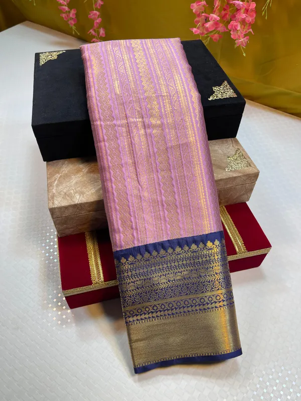 Light_Purple_Semi_Kanchi_Silk_Stripe_Zari_Contrast_Navy_Blue_Border_Banarasi_Saree_MS_SK54