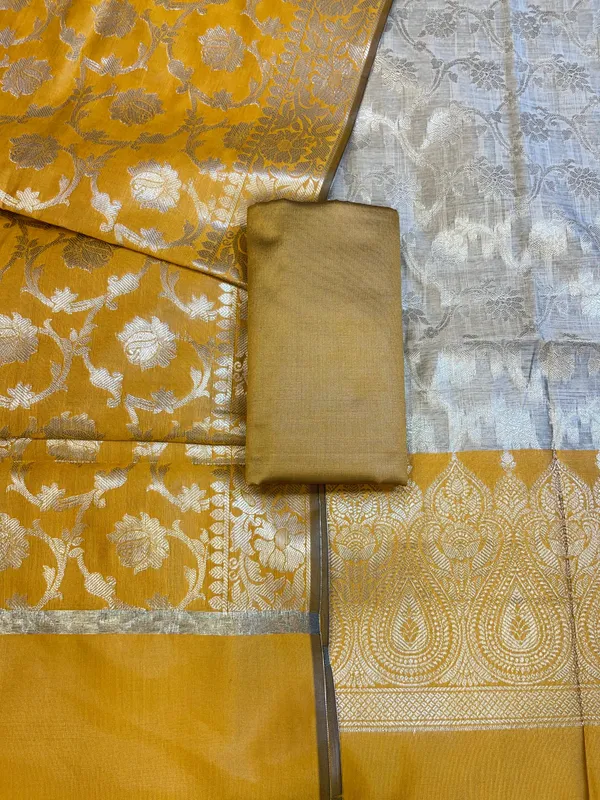 Beige_Art_Silk_Floral_Zari_Jaal_Contrast_Banarasi_Suit_with_Mustard_Yellow_Dupatta