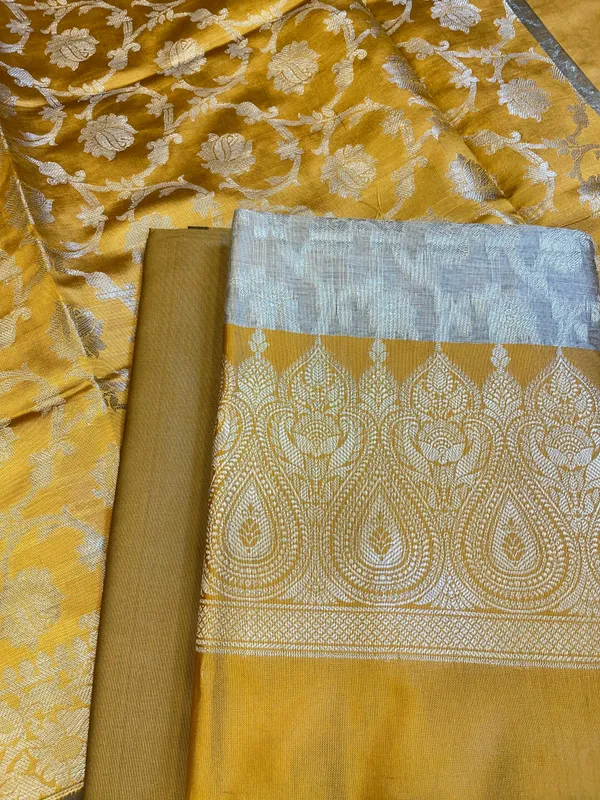 Beige_Art_Silk_Floral_Zari_Jaal_Contrast_Banarasi_Suit_with_Mustard_Yellow_Dupatta
