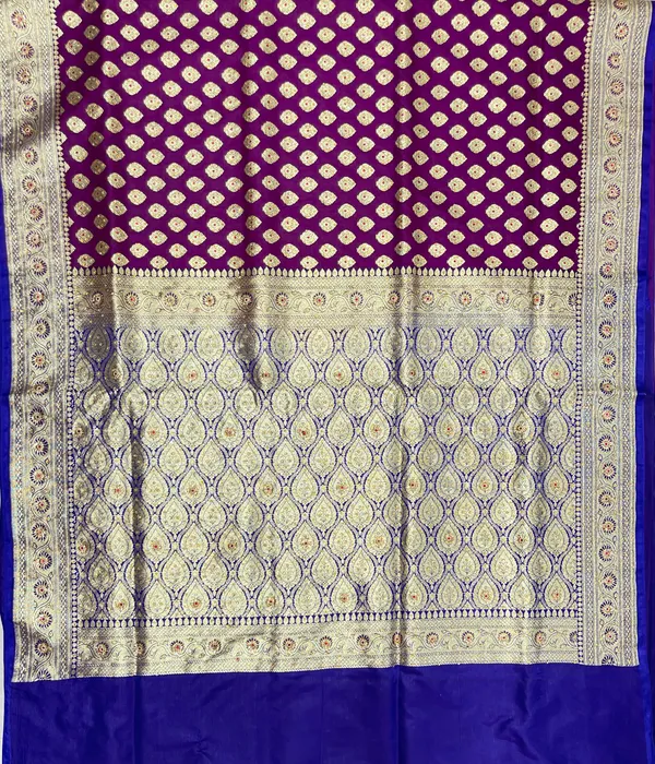 Humairah_Presents_Purple_Katan_Silk_Zari_Booti_Heavy_Stone_Work_Banarasi_Saree_with_Contrast_Blue_Floral_Pallu_and_Blue_Blouse