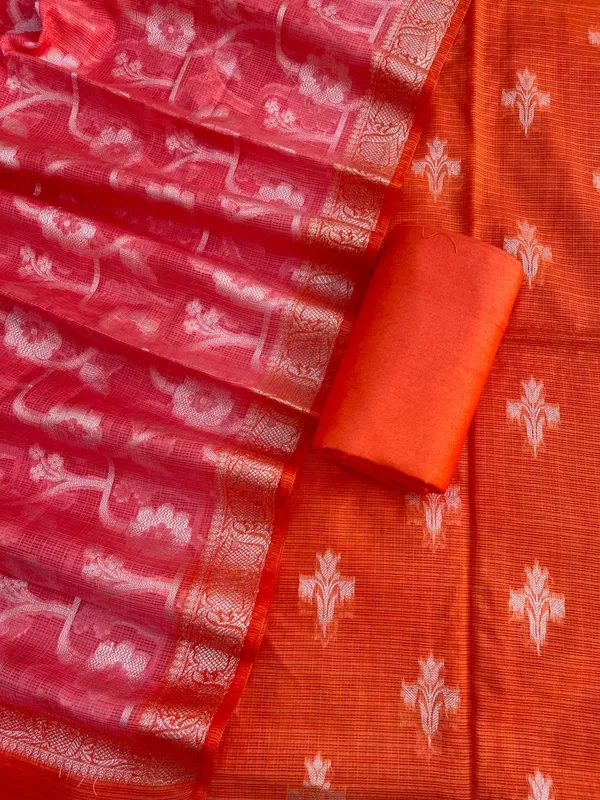 Orange_Pure_Mercerised_Kota_Check_Resham_weave_Banarasi_Suit_with_Contrast_Pink_Resham_Jaal_Dupatta_12SKL_KC15