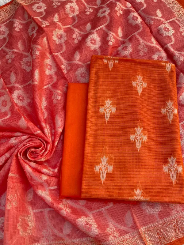 Orange_Pure_Mercerised_Kota_Check_Resham_weave_Banarasi_Suit_with_Contrast_Pink_Resham_Jaal_Dupatta_12SKL_KC15