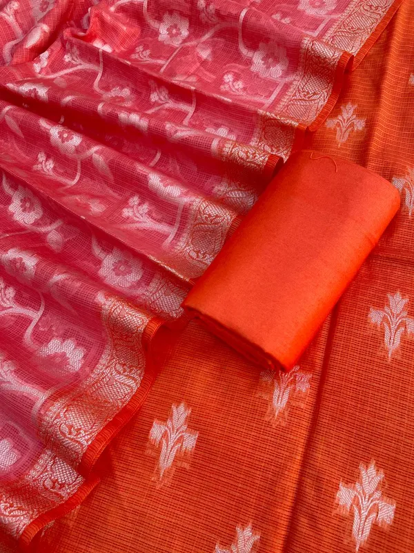 Orange_Pure_Mercerised_Kota_Check_Resham_weave_Banarasi_Suit_with_Contrast_Pink_Resham_Jaal_Dupatta_12SKL_KC15