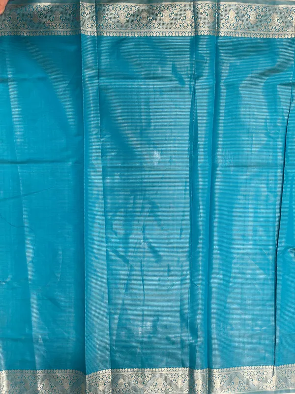 Humairah_Presents_Sky_Blue_Organza_Zari_Plain_Striped_with_Gold_Zari_Border_with_Contrast_Gold_Pallu_and_Sky_Blue_Blouse
