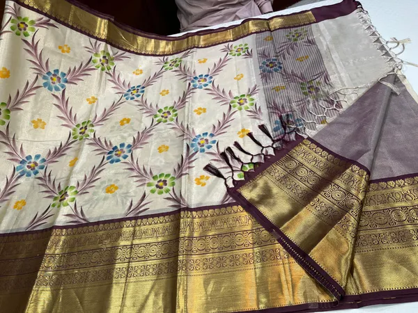 Off_white_Tissue_Silk_Floral_Handpainted_Jaal_Contrast_Brown_Border_Banarasi_Saree_MS_TS25