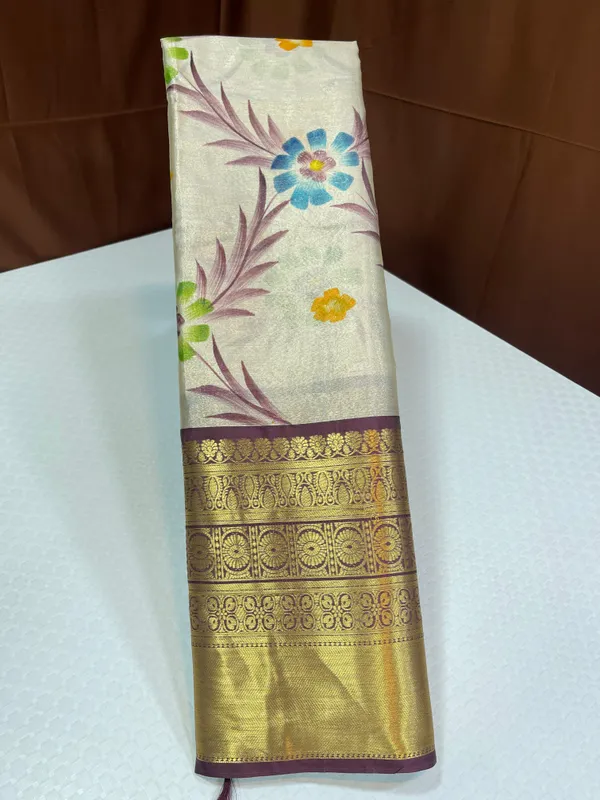 Off_white_Tissue_Silk_Floral_Handpainted_Jaal_Contrast_Brown_Border_Banarasi_Saree_MS_TS25