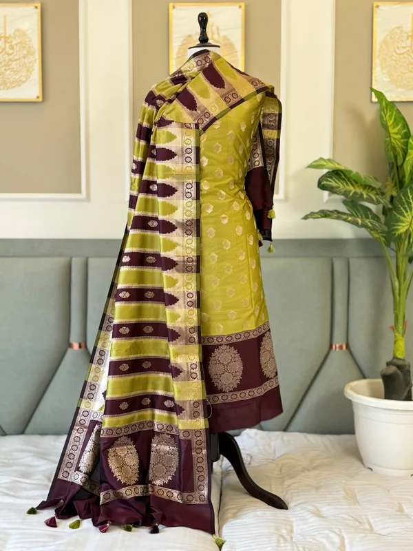 Olive_Green_Katan_Silk_Floral_Zari_Booti_Skirt_Daman_Banarasi_Suit_with_Fancy_Stripe_Dupatta_130PNJ_KS1