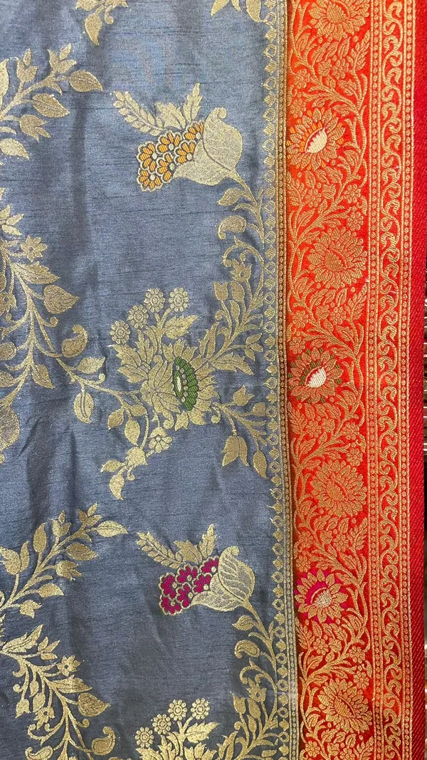 Humairah_Presents_Grey_Dupion_Silk_Floral_Mina_Zari_Jaal_with_Contrast_Orange_Paithani_Mina_Zari_Pallu_Zari_Border_and_Orange_Blouse