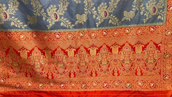 Humairah_Presents_Grey_Dupion_Silk_Floral_Mina_Zari_Jaal_with_Contrast_Orange_Paithani_Mina_Zari_Pallu_Zari_Border_and_Orange_Blouse