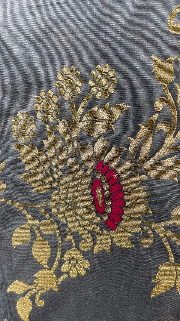 Humairah_Presents_Grey_Dupion_Silk_Floral_Mina_Zari_Jaal_with_Contrast_Orange_Paithani_Mina_Zari_Pallu_Zari_Border_and_Orange_Blouse