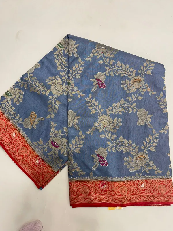Humairah_Presents_Grey_Dupion_Silk_Floral_Mina_Zari_Jaal_with_Contrast_Orange_Paithani_Mina_Zari_Pallu_Zari_Border_and_Orange_Blouse