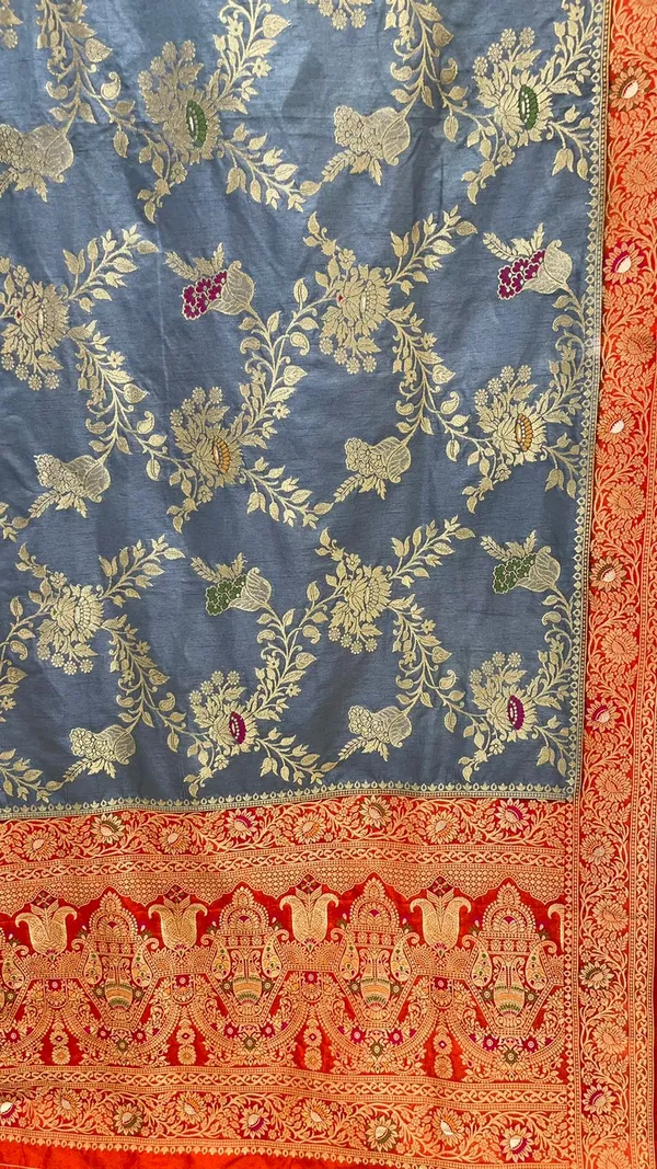 Humairah_Presents_Grey_Dupion_Silk_Floral_Mina_Zari_Jaal_with_Contrast_Orange_Paithani_Mina_Zari_Pallu_Zari_Border_and_Orange_Blouse