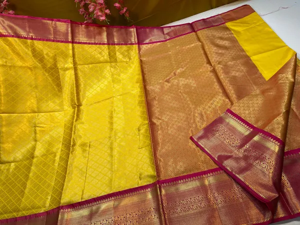 Yellow_Semi_Kanchi_Silk_Brocade_Contrast_Pink_Border_Banarasi_Saree_MS_SK7