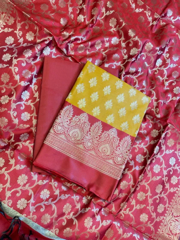 Mustard_Yellow_Art_Silk_Floral_Zari_Chunri_Booti_Contrast_Banarasi_Suit_with_Red_Dupatta_625AJ_TPT31