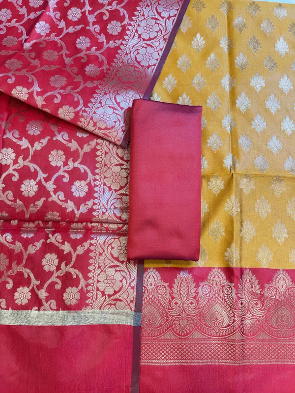 Mustard_Yellow_Art_Silk_Floral_Zari_Chunri_Booti_Contrast_Banarasi_Suit_with_Red_Dupatta_625AJ_TPT31