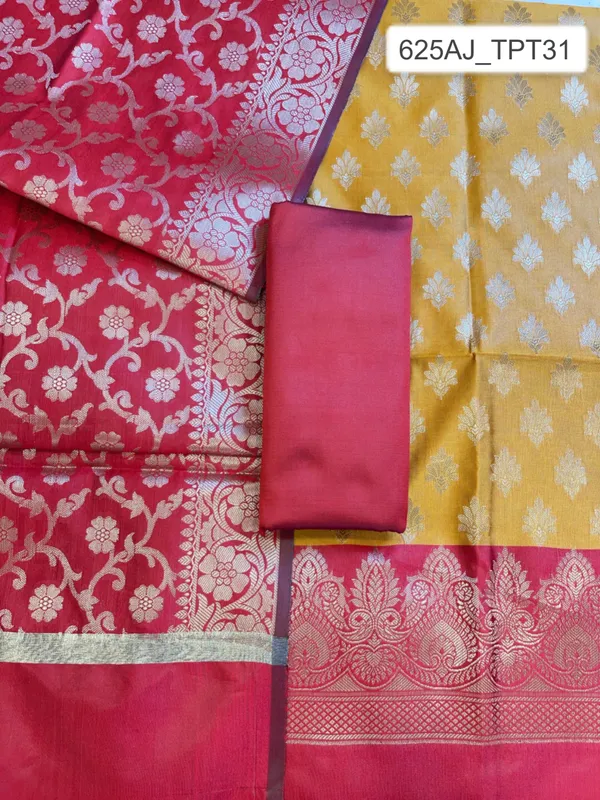 Mustard_Yellow_Art_Silk_Floral_Zari_Chunri_Booti_Contrast_Banarasi_Suit_with_Red_Dupatta_625AJ_TPT31
