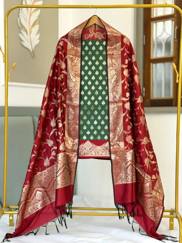 Green_Katan_Silk_Floral_Zari_Booti_Contrast_Daman_Banarasi_Suit_with_Zari_Jaal_Red_Dupatta_130PNJ_KS9