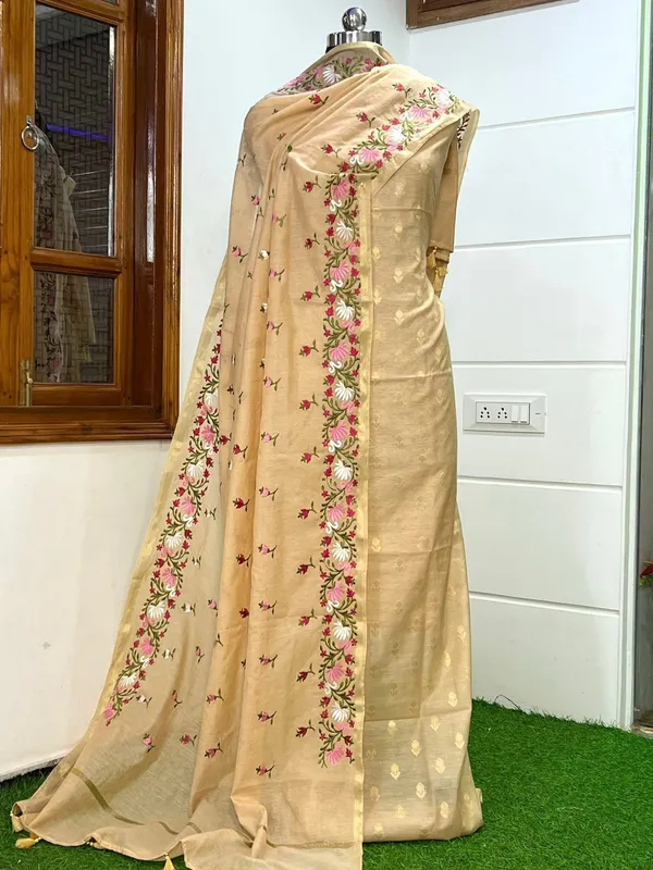 Beige_Pure_Mercerised_Zari_Booti_with_Embroidery_Dupatta_Banarasi_Suit_Set_1100SKL_PME7