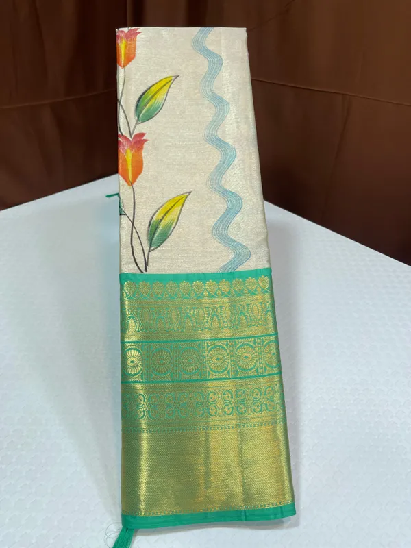 Off_white_Tissue_Silk_Floral_Handpainted_Boota_Contrast_Seagreen_Border_Banarasi_Saree_MS_TS18