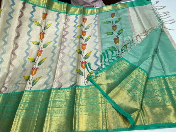 Off_white_Tissue_Silk_Floral_Handpainted_Boota_Contrast_Seagreen_Border_Banarasi_Saree_MS_TS18