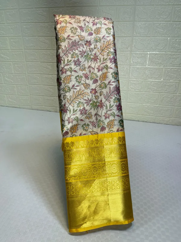 Beige_Tissue_Silk_Digital_Print_Floral_Jaal_Contrast_Yellow_Border_Banarasi_Saree_MS_SK29