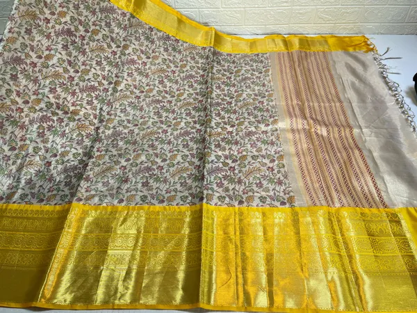 Beige_Tissue_Silk_Digital_Print_Floral_Jaal_Contrast_Yellow_Border_Banarasi_Saree_MS_SK29