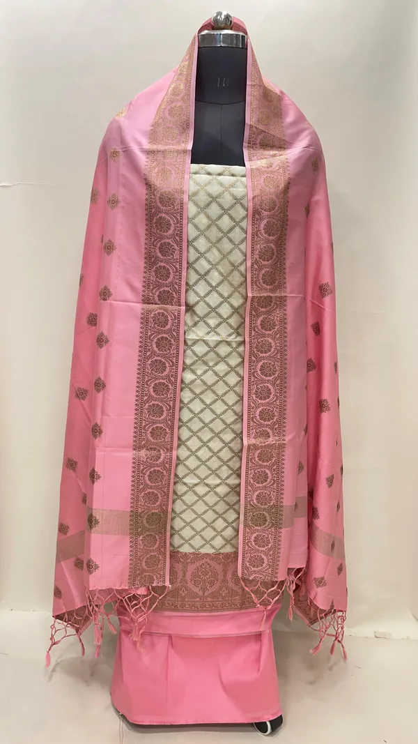 Humairah_Presents_Off_white_Semi_Katan_Silk_Checkered_Striped_3_pcs_Suit_Set_with_Contrast_Baby_Pink_Plain_Bottom_and_Floral_Zari_Booti_Baby_Pink_Dupatta_ASD_130