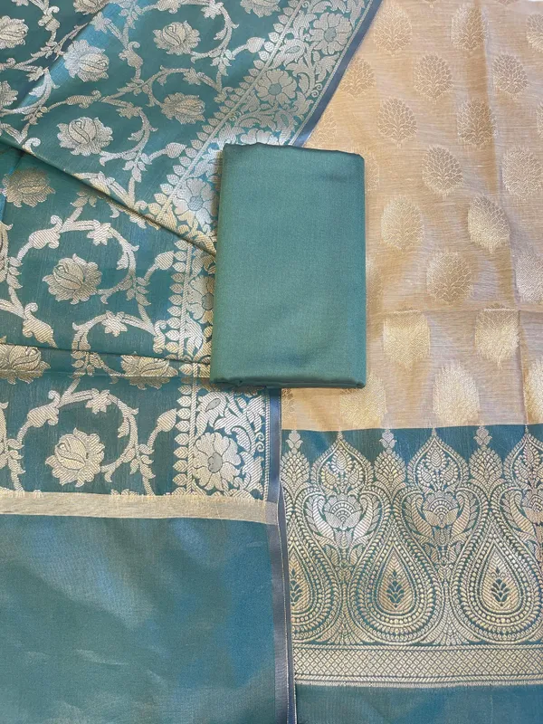 Beige_Art_Silk_Floral_Zari_Booti_Contrast_Banarasi_Suit_with_Dark_Green_Dupatta_625AJ_TPT39
