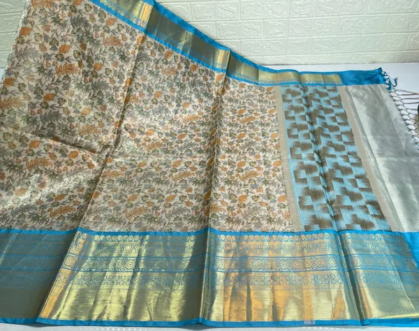 Beige_Tissue_Silk_Digital_Print_Floral_Jaal_Contrast_Blue_Border_Banarasi_Saree_MS_SK28