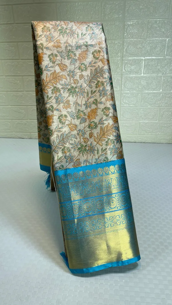 Beige_Tissue_Silk_Digital_Print_Floral_Jaal_Contrast_Blue_Border_Banarasi_Saree_MS_SK28