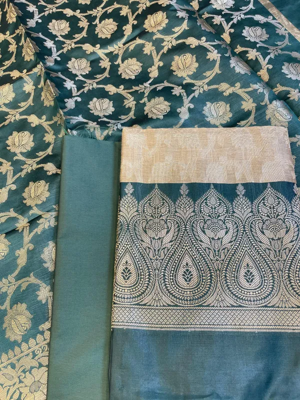 Beige_Art_Silk_Floral_Zari_Jaal_Contrast_Banarasi_Suit_with_Darkgreen_Dupatta_625AJ_TPT65
