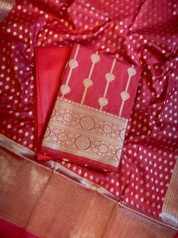 Red_Mercerise_Cotton_Floral_Stripe_Zari_with_Chunri_Booti_Dupatta_Banarasi_Suit_Set